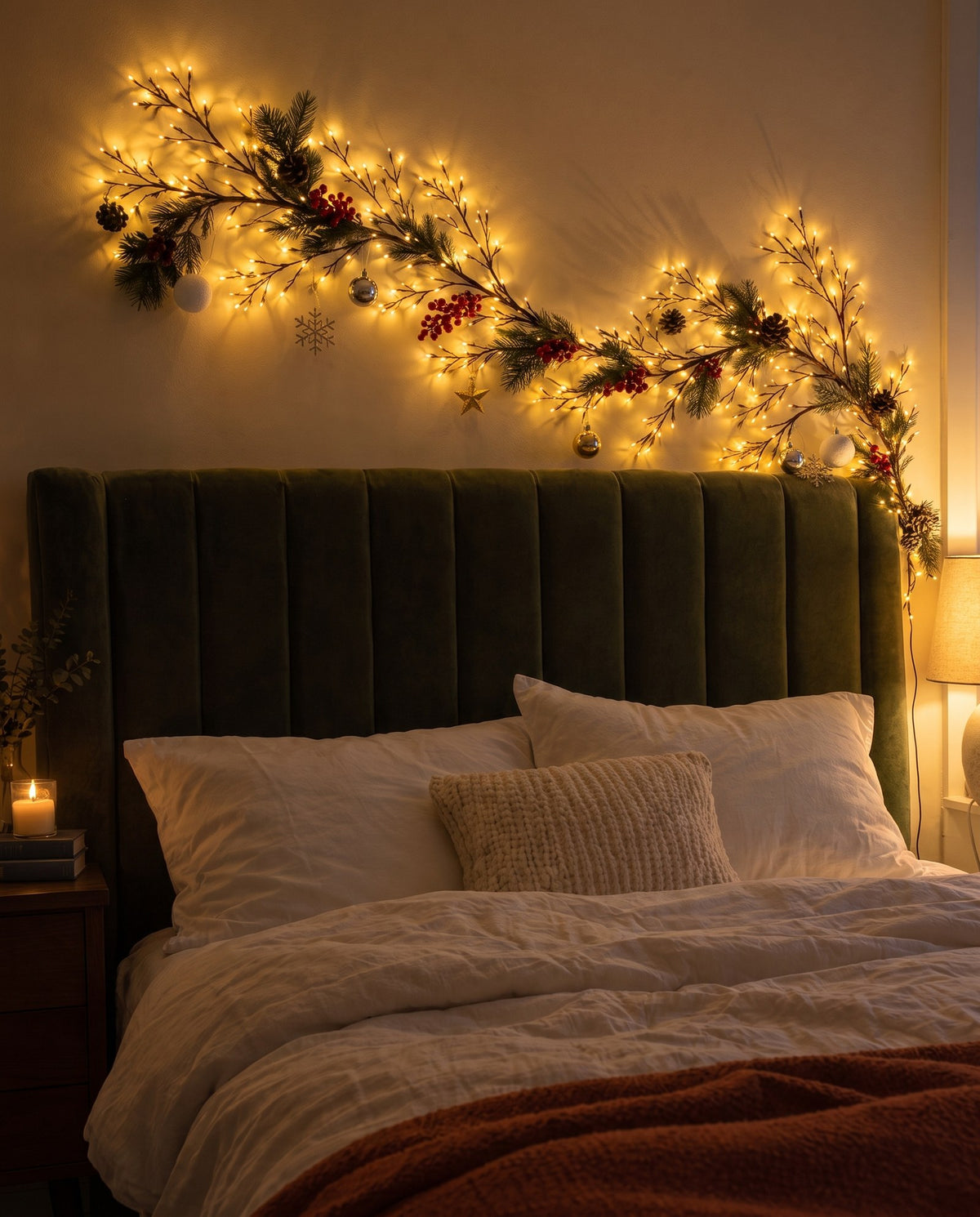 A lit Christmas branch garland bent in an S-curve across the wall above a bed