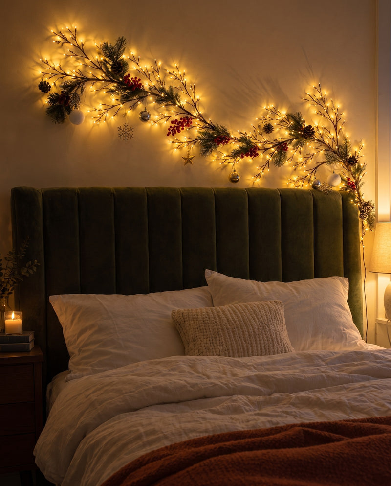 A lit Christmas branch garland bent in an S-curve across the wall above a bed