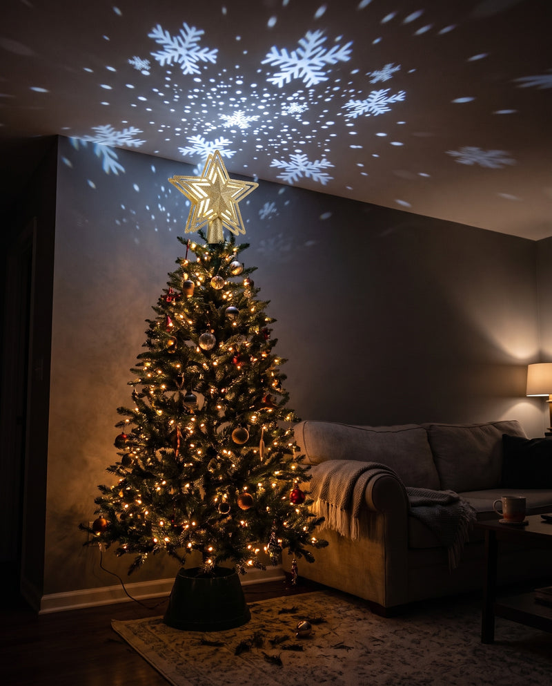 Stella gold glitter star tree topper lit on a Christmas tree, snowflakes projected across the ceiling