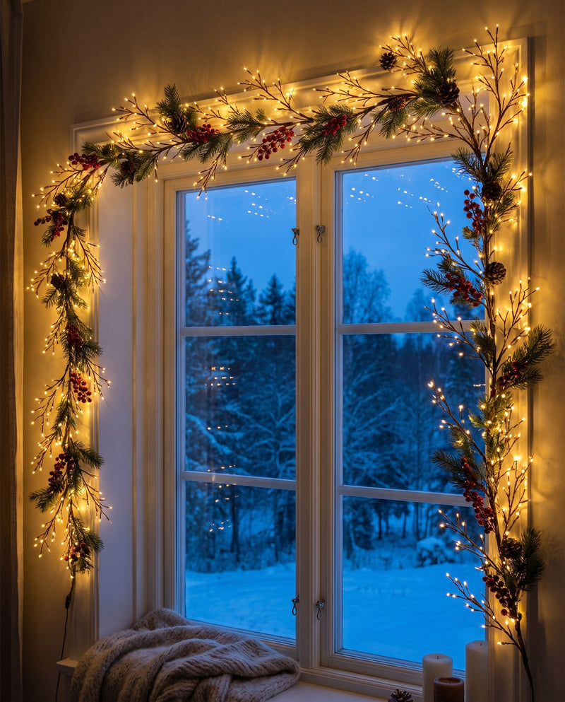 The same branch bent around a window frame, warm lights against snowy woods outside