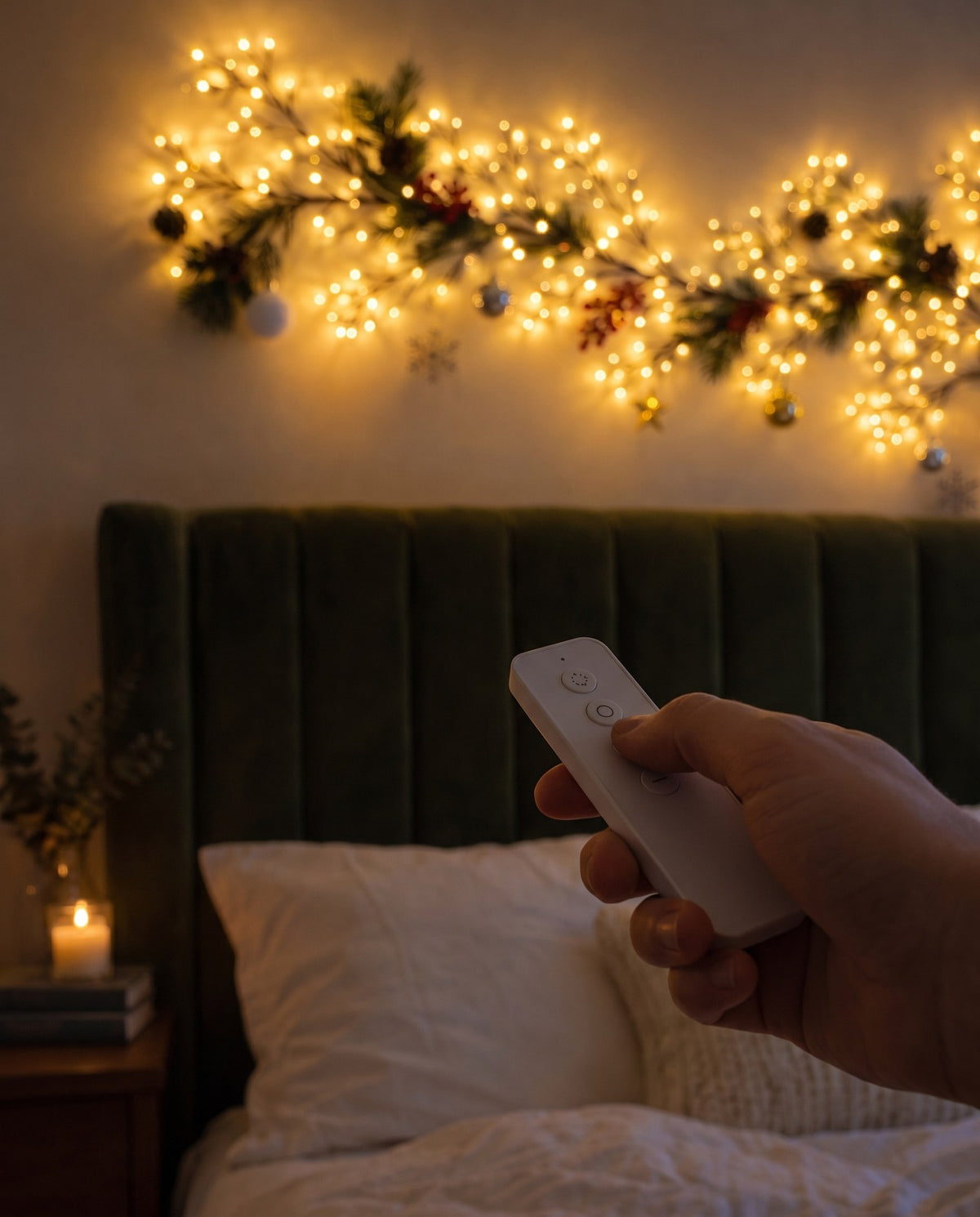 A hand holding the small remote control, the lit branch glowing on the wall behind