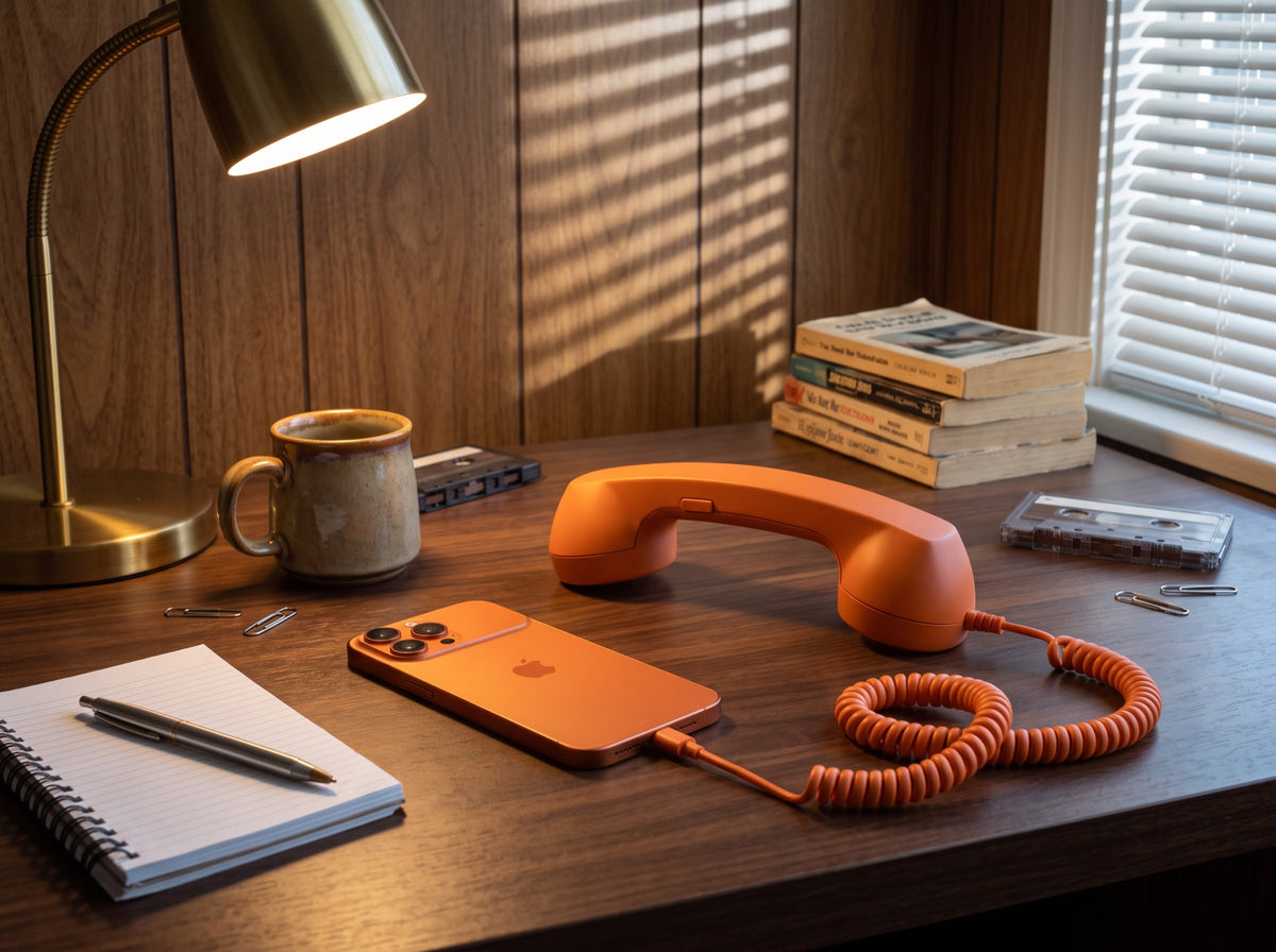 Aloo in orange on an eighties desk