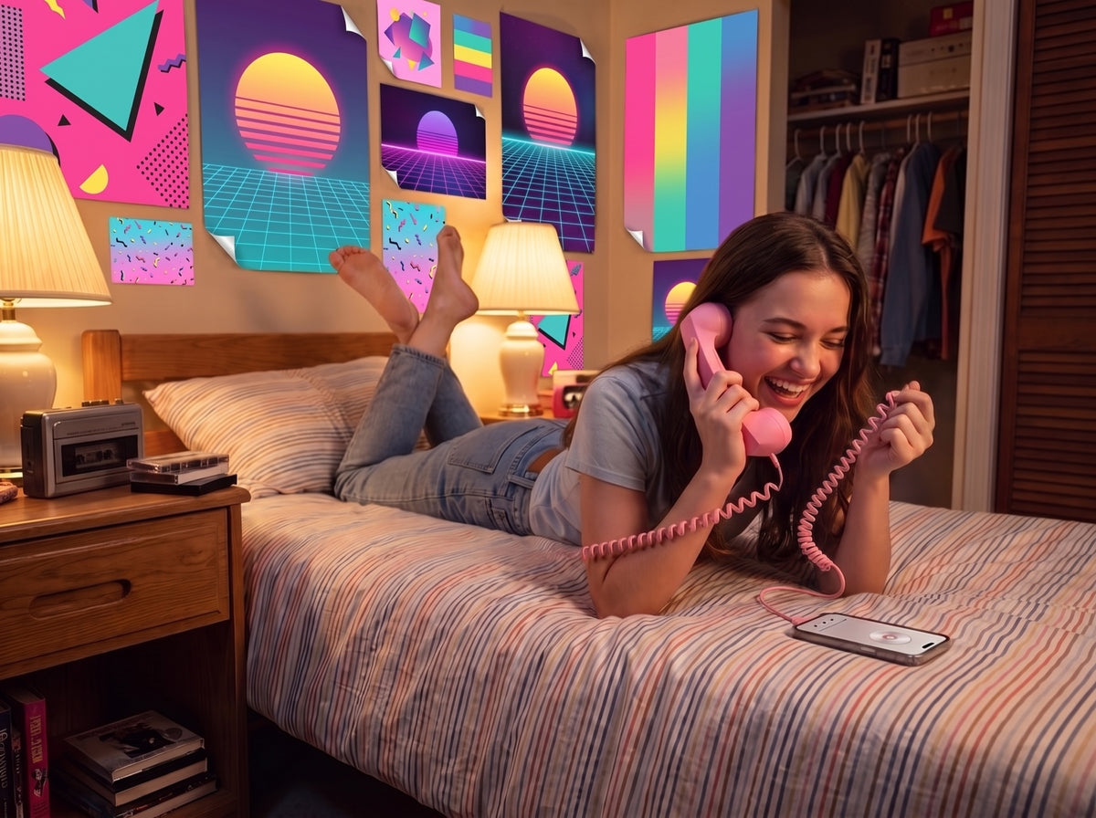 A girl on her bed laughing into Aloo in pink