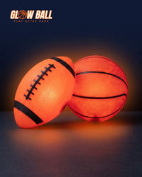 Glow Ball light-up football and basketball set, both glowing orange in the dark