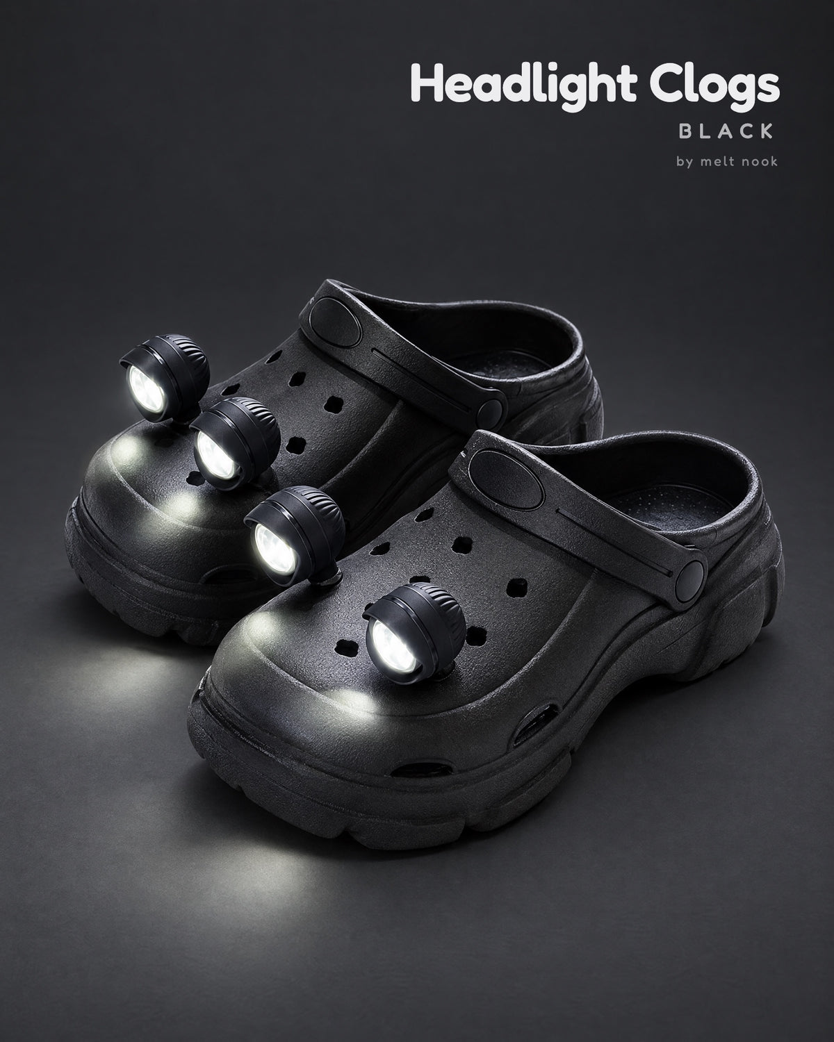 Black platform clogs with four black LED headlights glowing on the toes