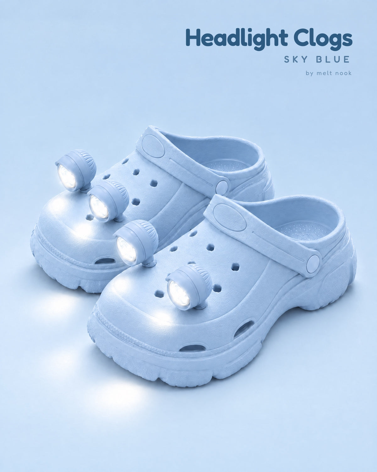 Sky blue platform clogs with four sky blue LED headlights glowing on the toes