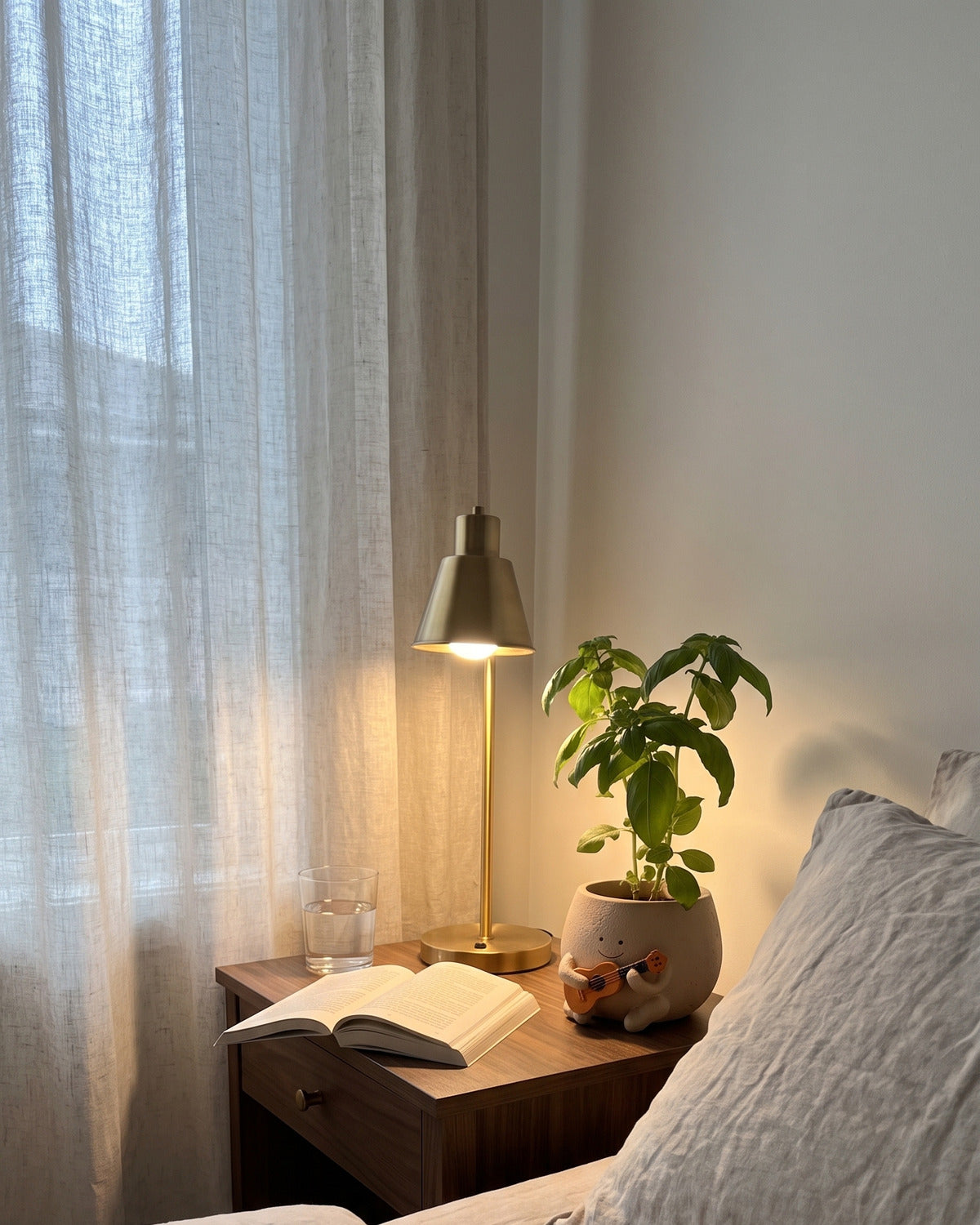 Ollie ukulele planter on a bedside table beside a reading lamp