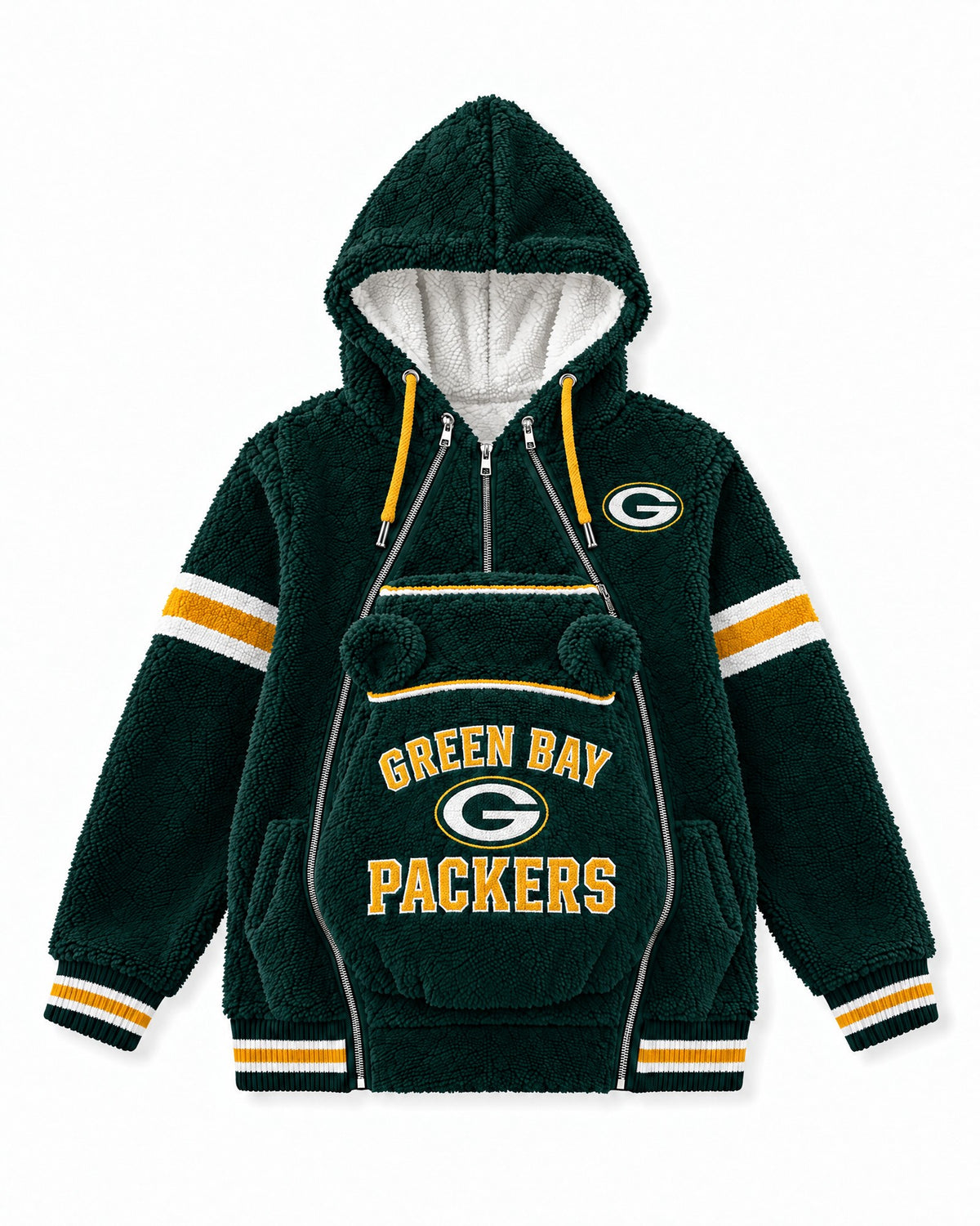 Green Bay Packers Game Day Carrier Hoodie with zip-in baby pouch, front view