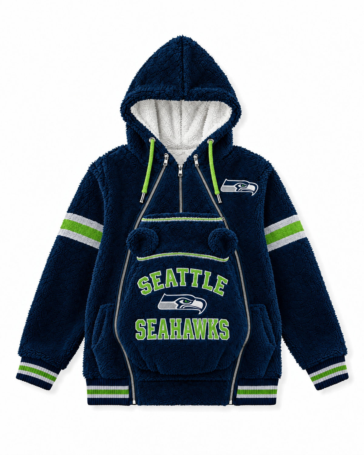 Seattle Seahawks Game Day Carrier Hoodie with zip-in baby pouch, front view