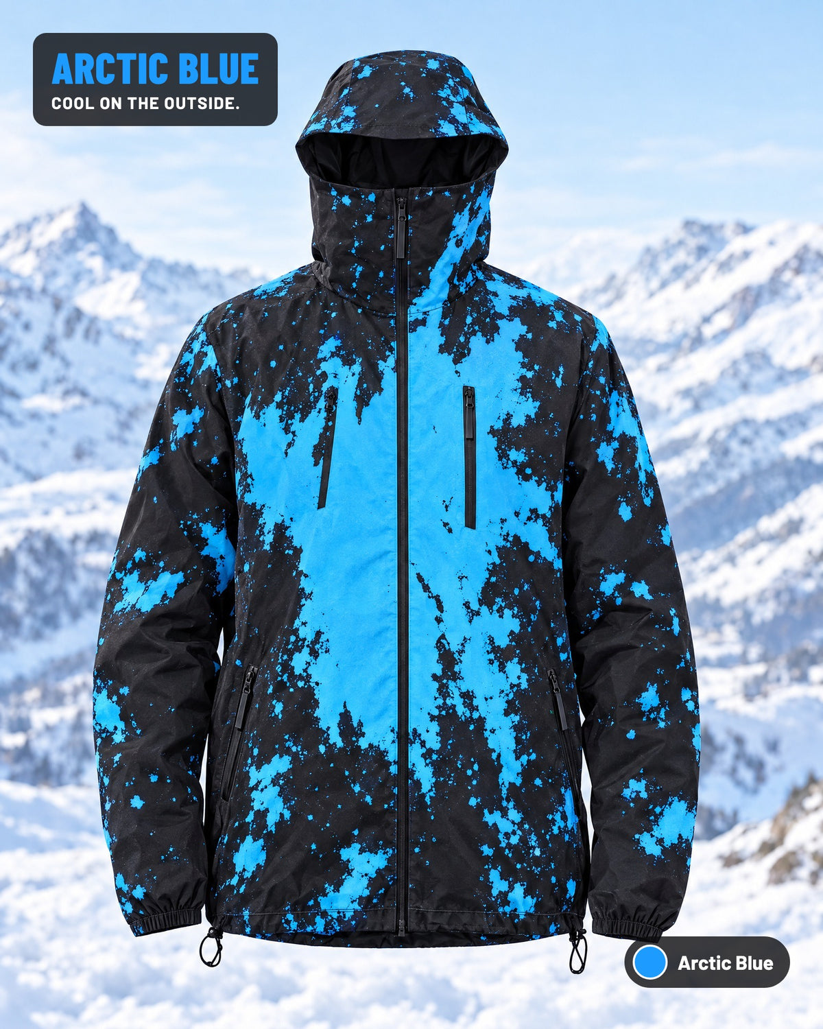 Reactive Jacket in Arctic Blue — black shell with blue splash pattern