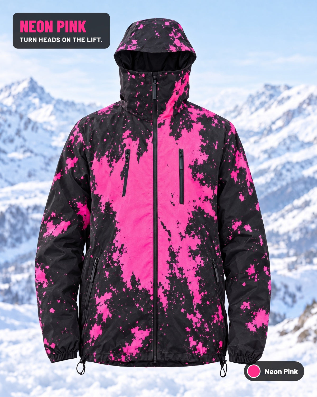 Reactive Jacket in Neon Pink — black shell with pink splash pattern