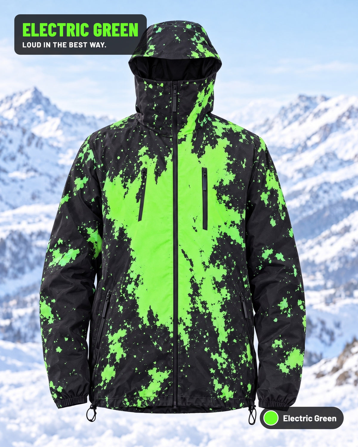 Reactive Jacket in Electric Green — black shell with green splash pattern