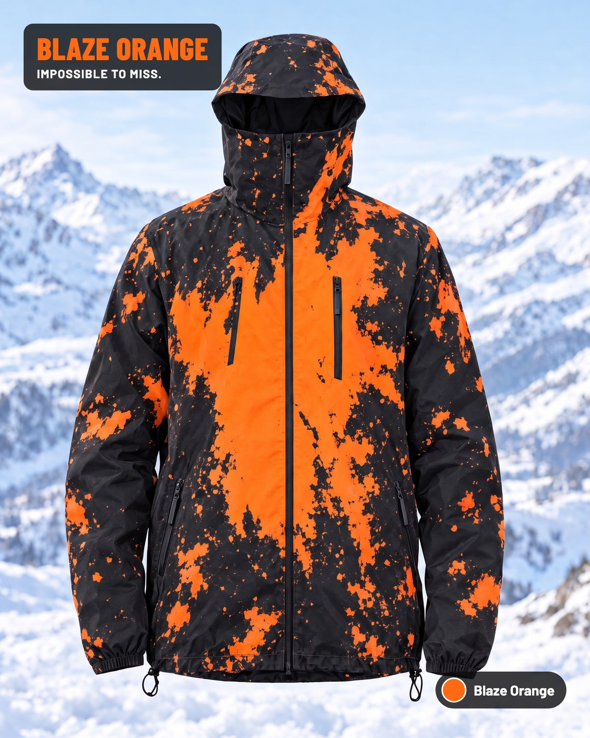 Reactive Jacket in Blaze Orange — black shell with orange splash pattern