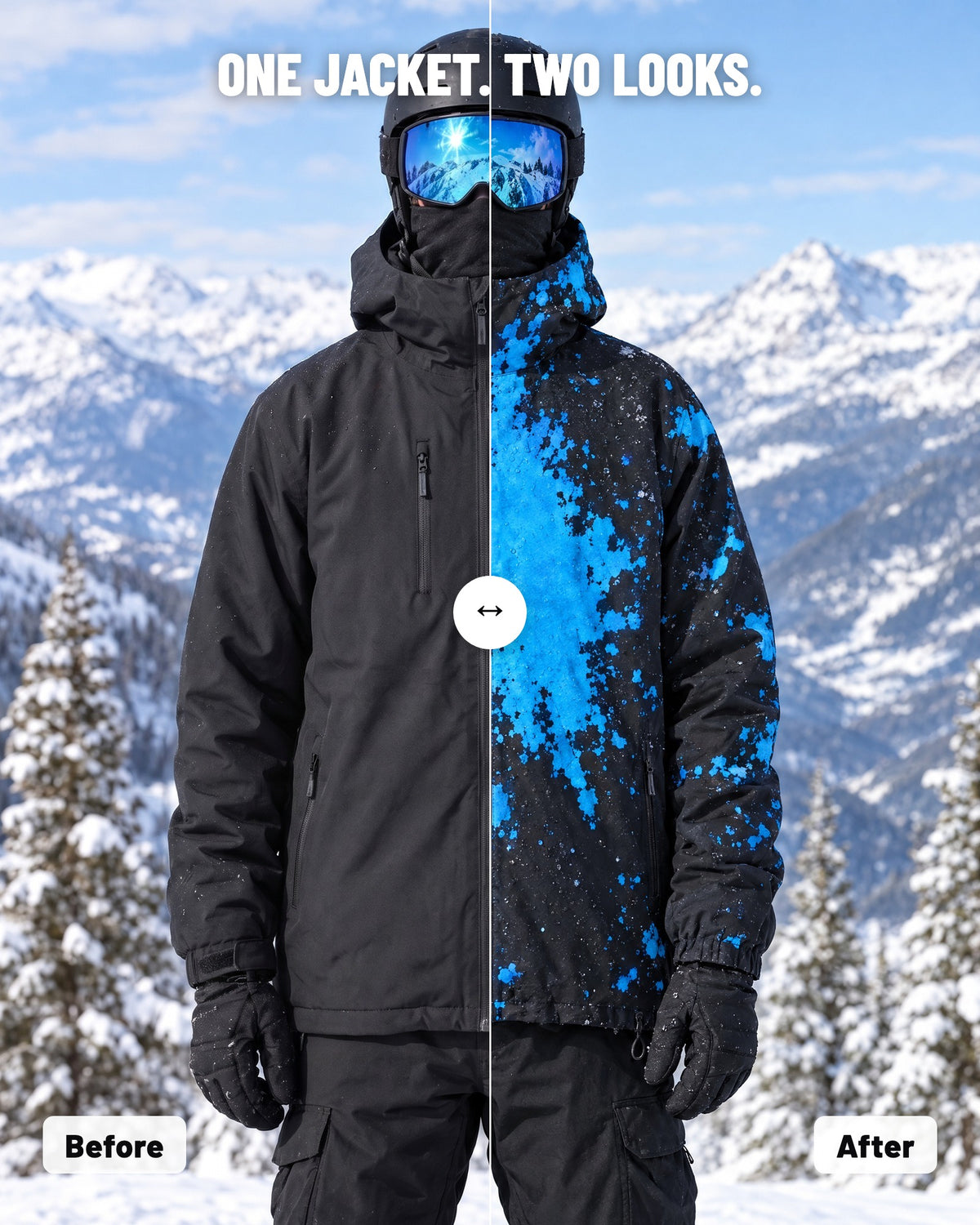The same Reactive Jacket before (all black) and after (Arctic Blue colour showing)