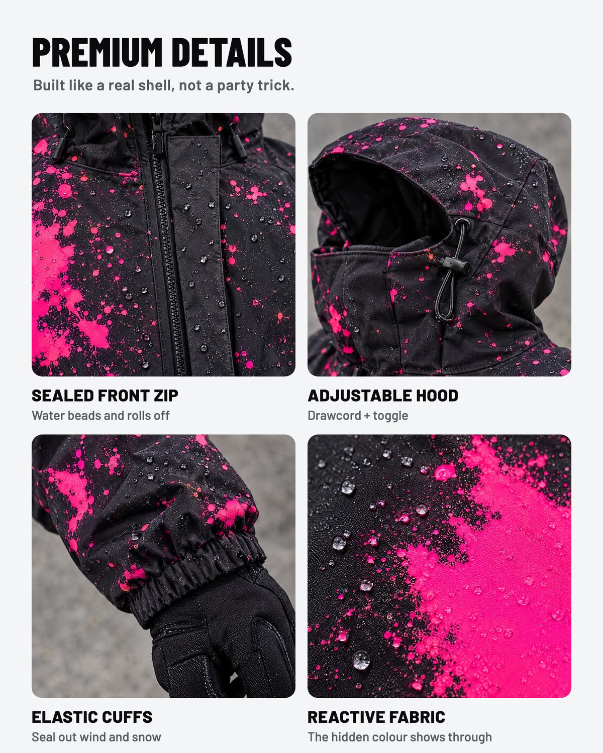 Reactive Jacket details: sealed front zip, adjustable hood, elastic cuffs, reactive fabric