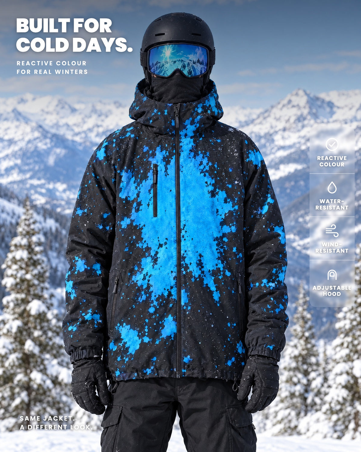 Snowboarder in an Arctic Blue Reactive Jacket — built for cold days: reactive colour, water-resistant, wind-resistant, adjustable hood