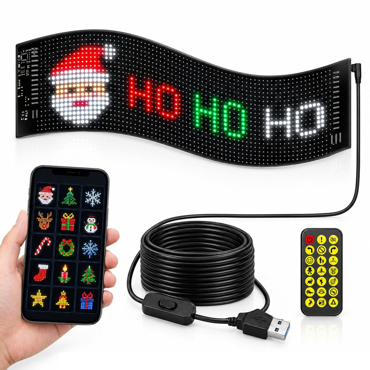 Santa Pixels Standard LED panel showing a pixel Santa and HO HO HO, with phone app, USB cable and remote
