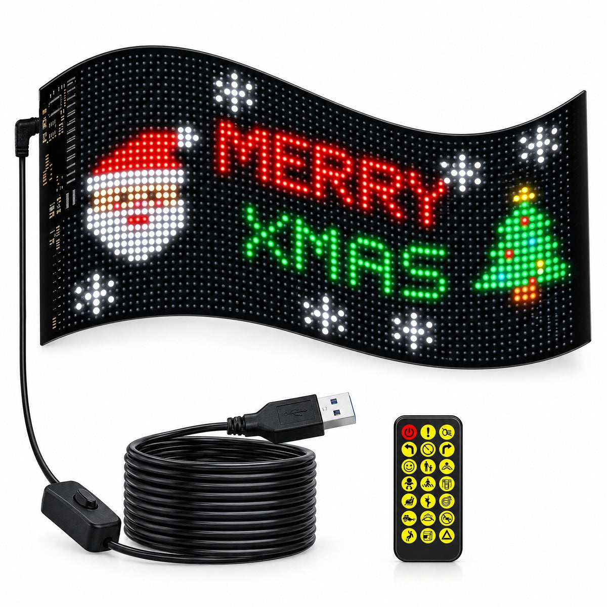 Santa Pixels Large LED panel showing Santa, Merry Xmas and a Christmas tree, with USB cable and remote