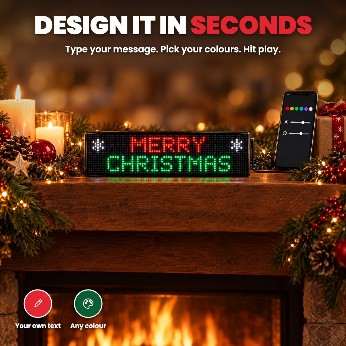 Design it in seconds: Santa Pixels panel showing Merry Christmas on a mantel, set from a phone