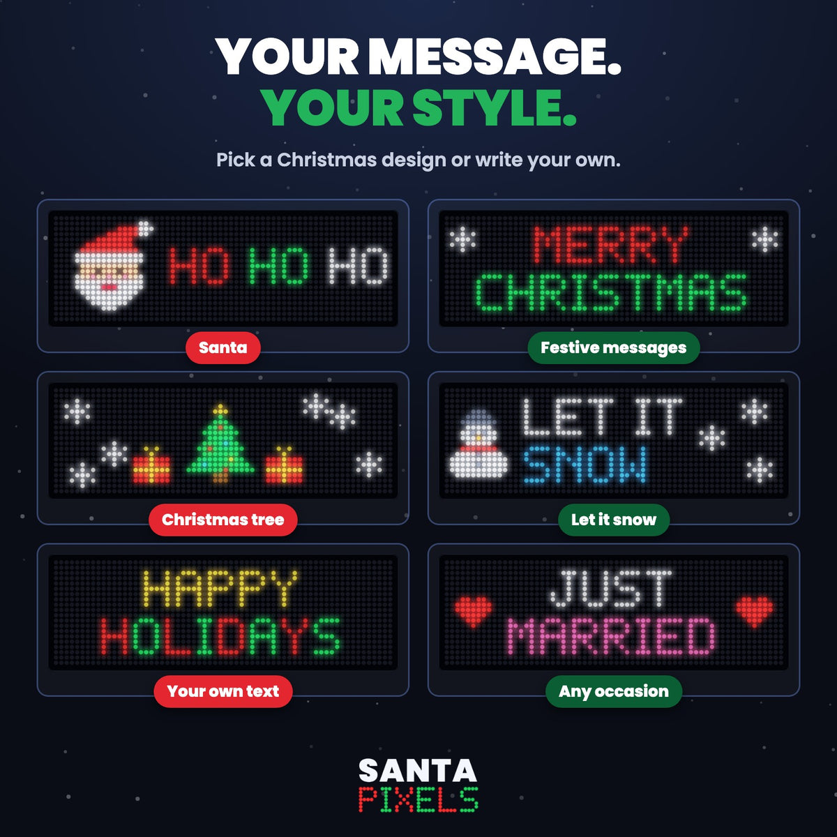 Six Santa Pixels designs: Santa, Merry Christmas, Christmas tree, Let it snow, Happy Holidays, Just Married