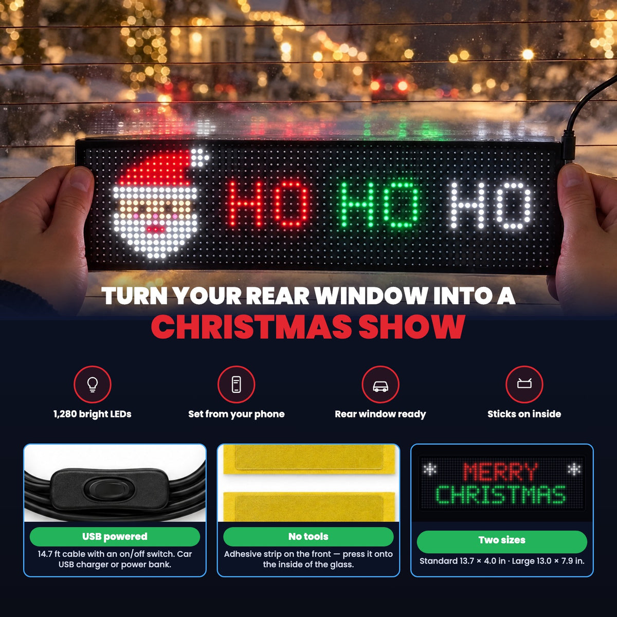 Pressing the lit Santa Pixels panel onto the inside of a rear window; USB cable with switch, adhesive strip, two sizes