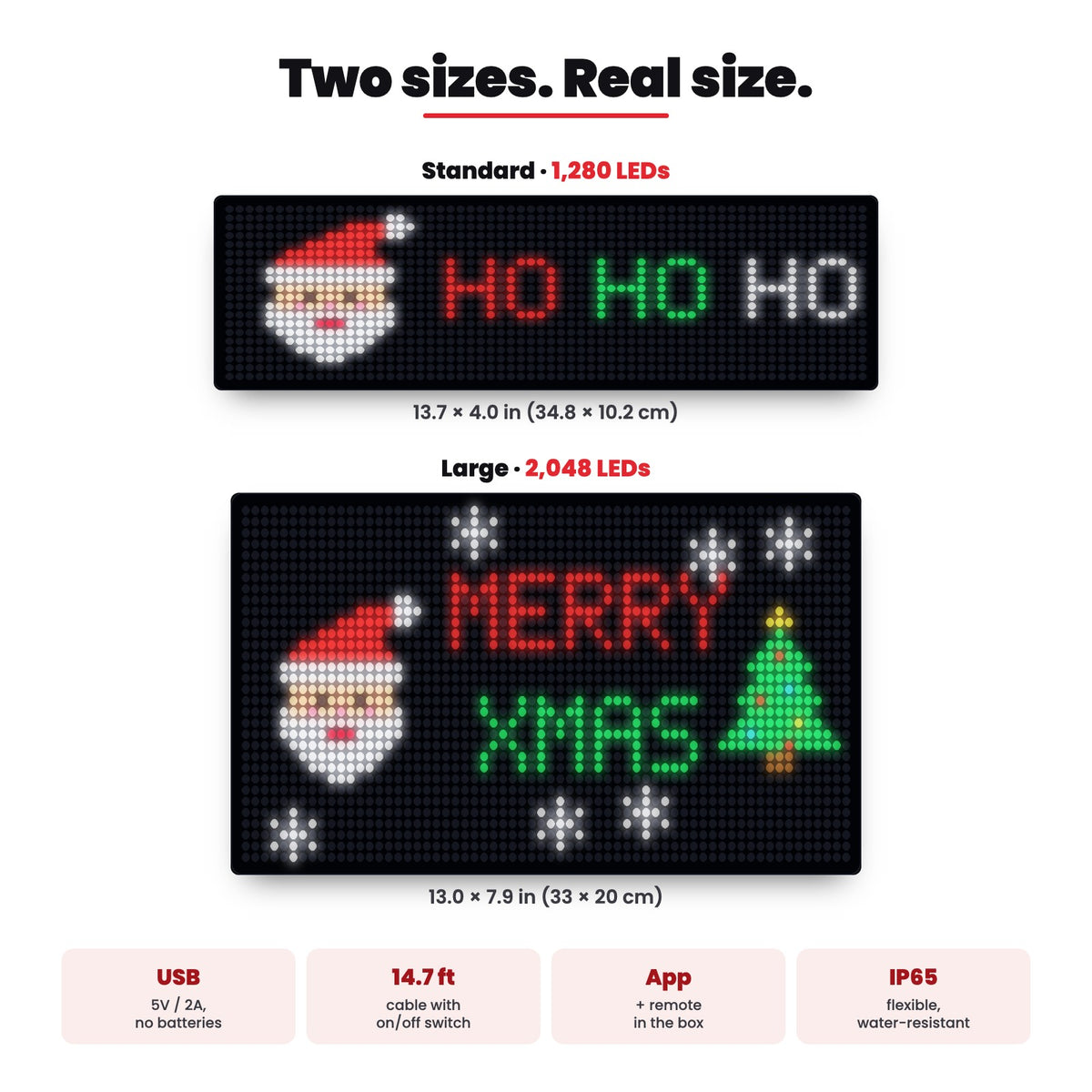 Santa Pixels sizes: Standard 13.7 x 4.0 in (34.8 x 10.2 cm) and Large 13.0 x 7.9 in (33 x 20 cm)