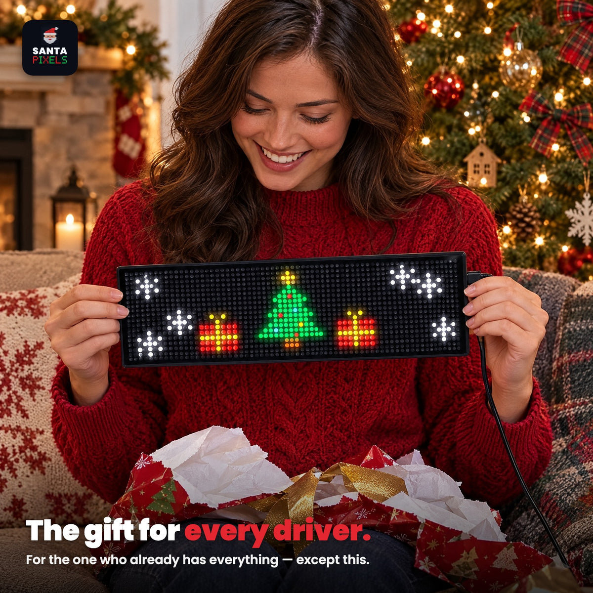 Woman unwrapping Santa Pixels as a Christmas gift, panel showing a pixel Christmas tree