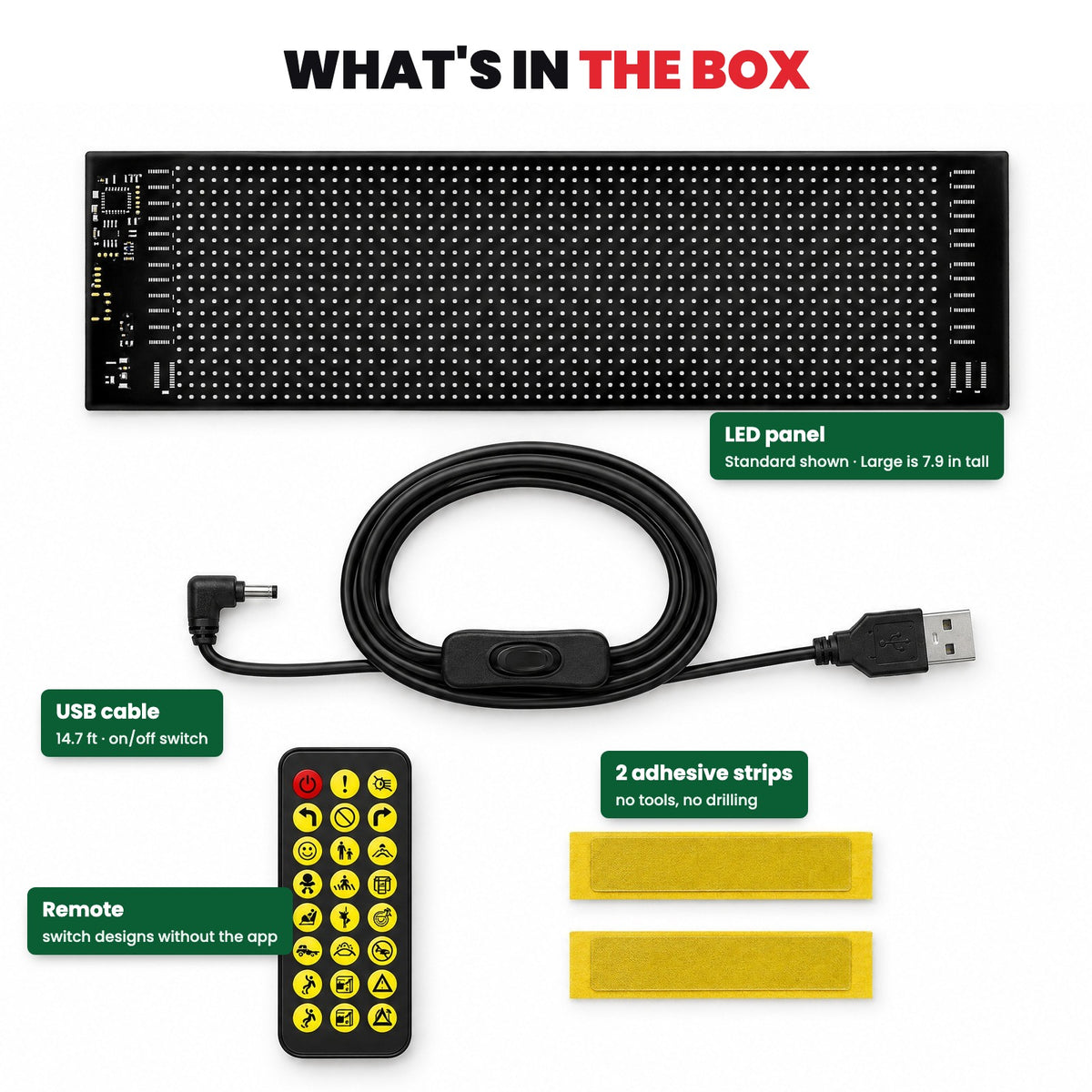 What's in the box: LED panel, USB cable with on/off switch, remote, two adhesive strips