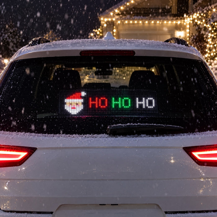 SUV with the Standard Santa Pixels HO HO HO in the rear window