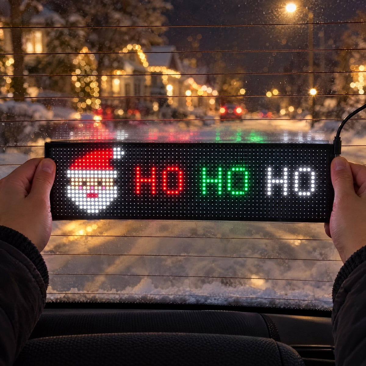 Hands pressing the lit Santa Pixels panel onto the inside of a rear window