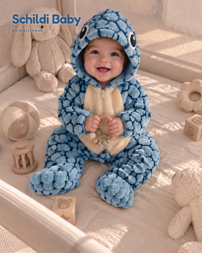 Baby sitzt im Laufstall im hellblauen Schildi Baby Overall und hält eine Holzrassel