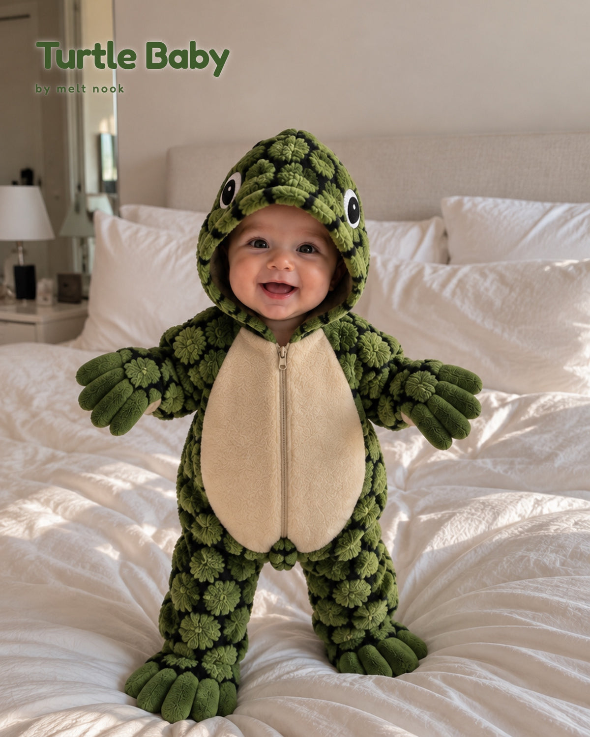 Smiling baby standing on a bed in the green Turtle Baby onesie with a cream tummy and turtle-eye hood