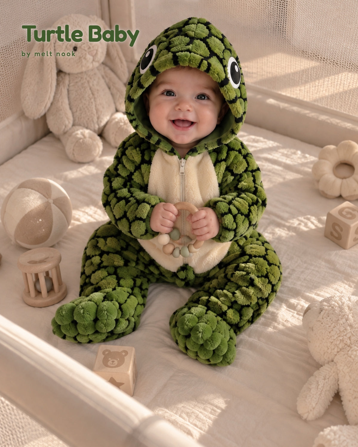 Baby sitting in a playpen in the green Turtle Baby onesie, holding a wooden rattle