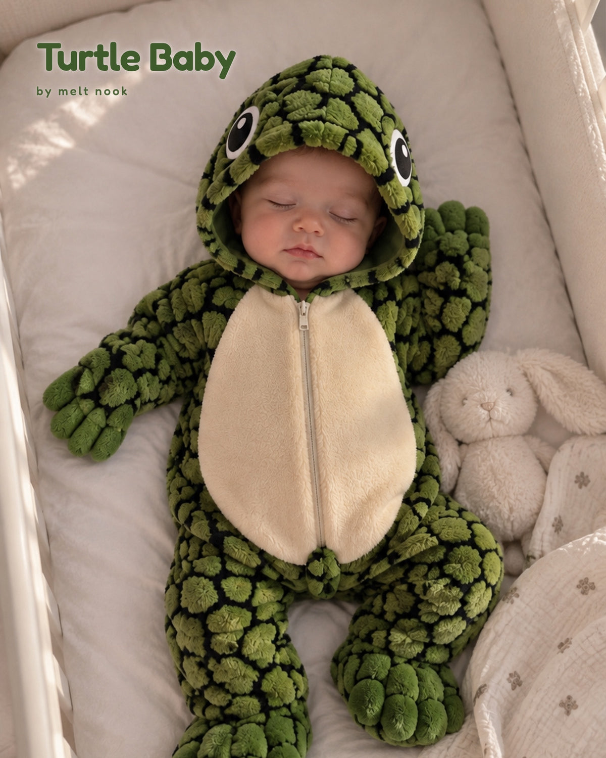 Baby asleep in a crib in the green Turtle Baby onesie next to a plush bunny