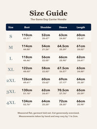 Game Day Carrier Hoodie size guide, S to 4XL, bust, shoulder, sleeve and length
